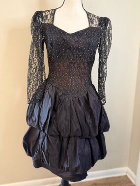 Nuance vintage black lace sequin midi dress tiered balloon hem SZ 5